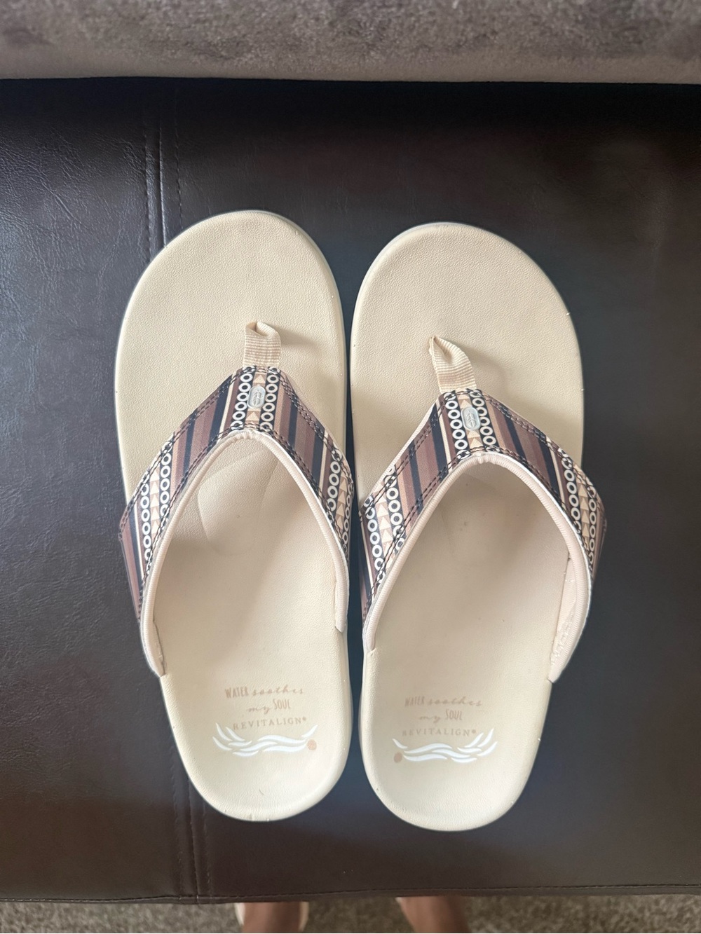 REVITALIGN Beige Flip Flop Sandals with Brown Patterned Straps